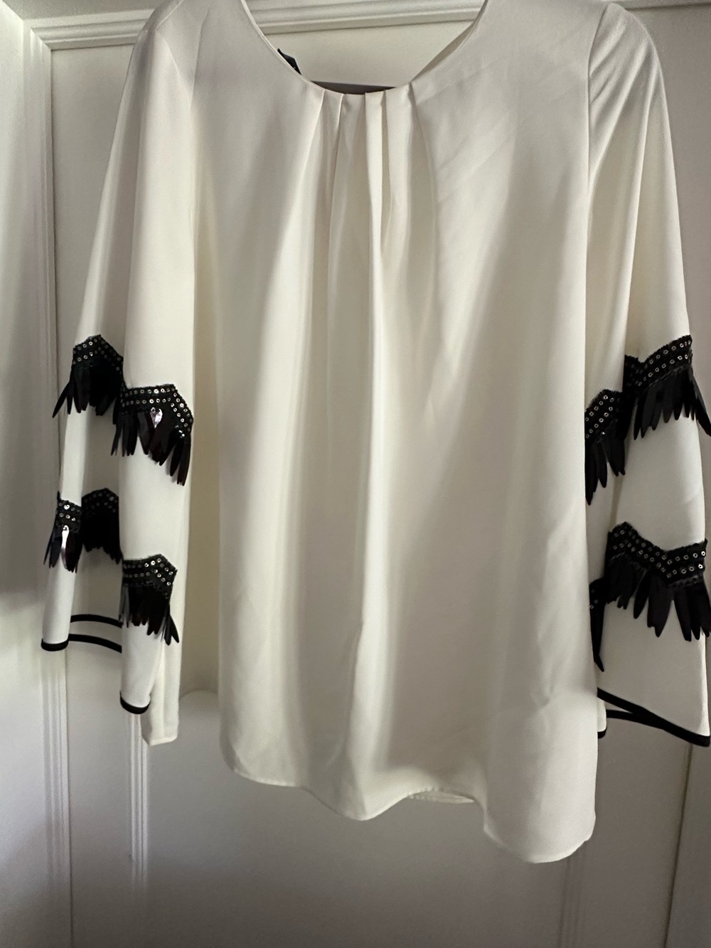 Alfani Ivory Blouse with Black Fringe Sleeve Trim